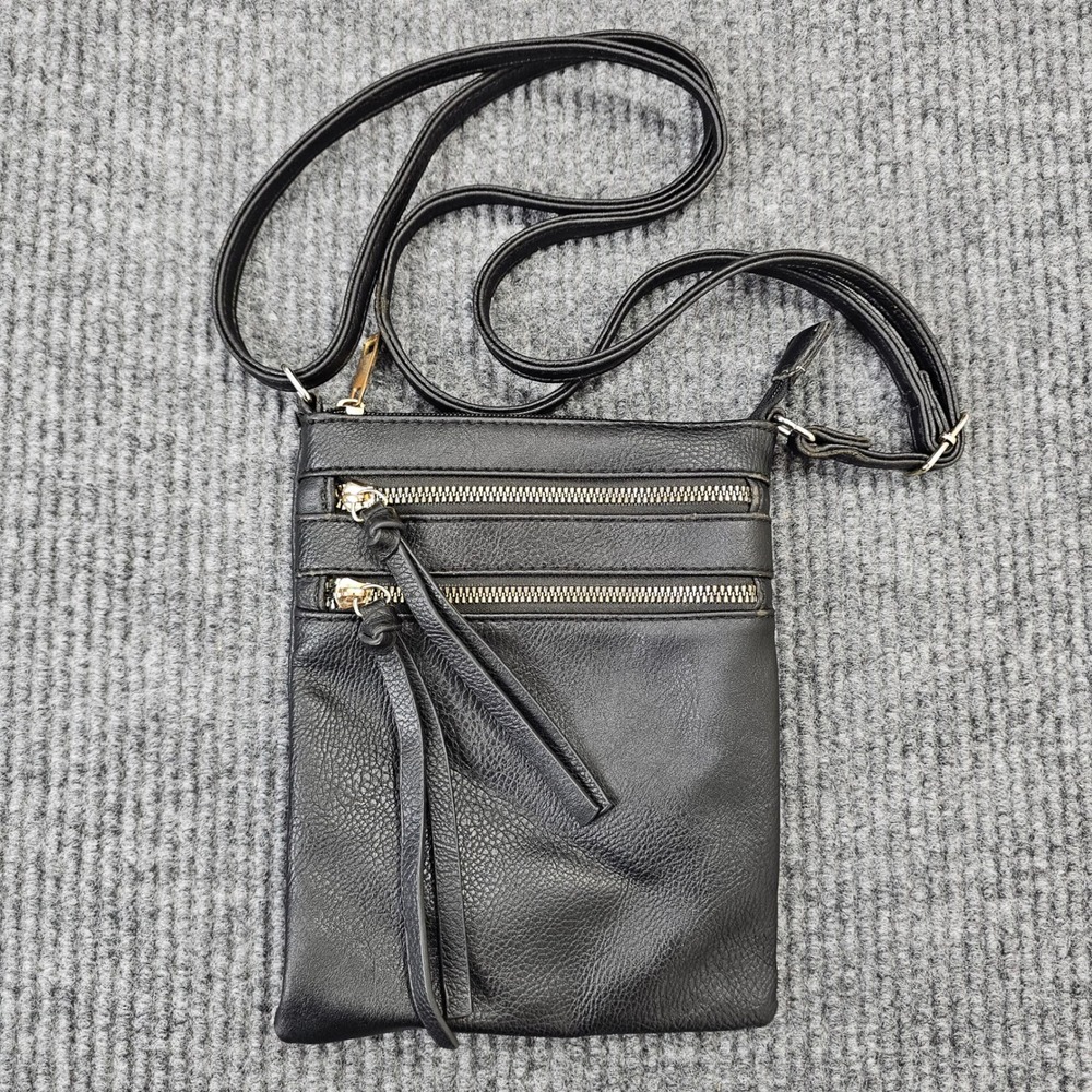 Crossbody Bag Women Small Black Faux Leather Multi-Zip Travel Purse Casual
